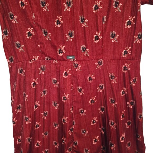 Obey Size M Dress Rouge Mini Floral Crinkle Velvet Button Front Ox Blood Red - Picture 11 of 12